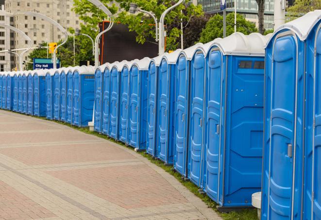 hygienic portable restrooms lined up at a music festival, providing comfort and convenience for attendees in Guadalupe